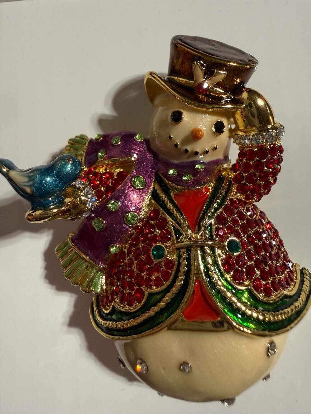 Jay Strongwater Swarovski Crystal Enameled Snowman Brooch with Bird